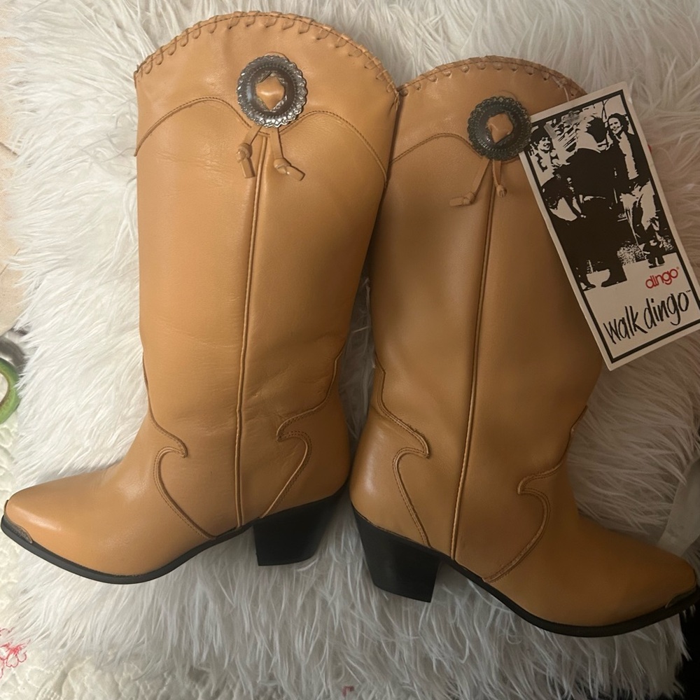 Dingo Tan Western Mid-Calf Heeled Boots with Concho Detail